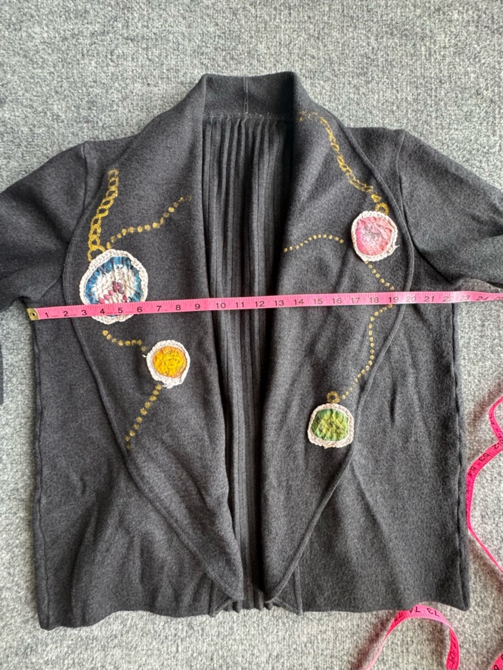 Open Front Cardigan Knit Charcoal Gray Applique Hand Painted Large 80s Vintage - Picture 9 of 10
